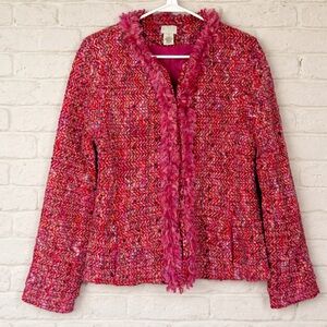 Women's Pink Tweed Textile Jacket Blazer with Fringe Coquette Small